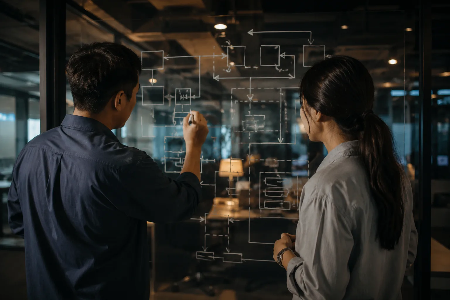 An open engineering floor after dark, desks lit by task lamps, with two engineers working a system diagram out on a glass wall.