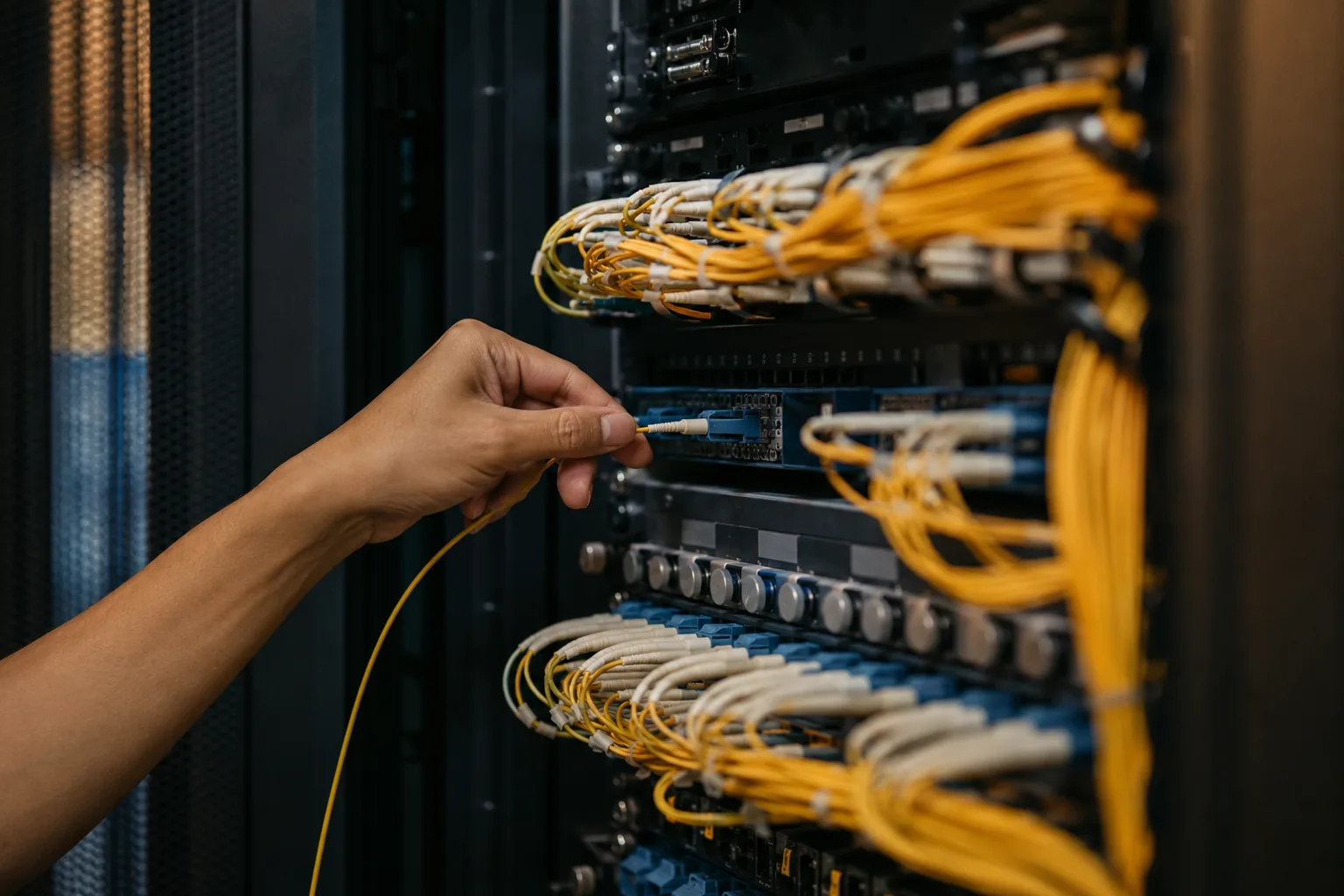 A data-hall aisle, racks receding to a vanishing point, an engineer walking it with a laptop open in his hands.